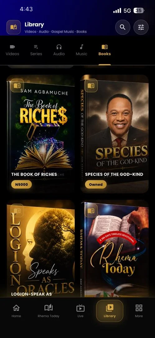 Library screen showing books by Sam Agbamuche: The Book of Riches, Species of the God-Kind, Logion and Rhema Today