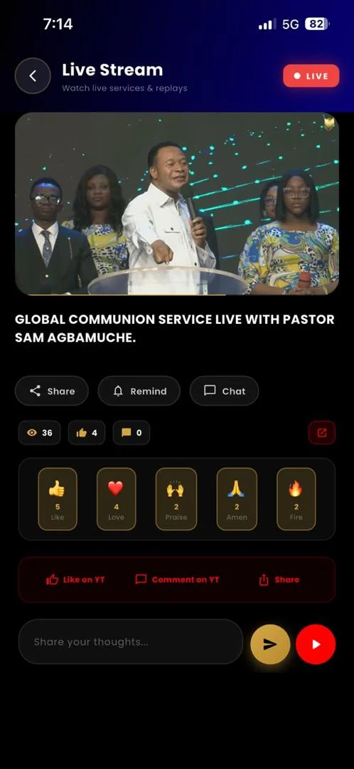 Live Stream screen showing the Global Communion Service live with Pastor Sam Agbamuche, with reactions